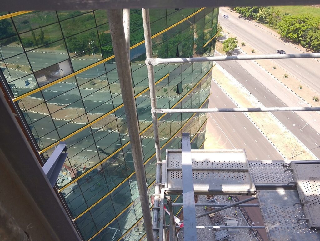 View down the glass elevation with the mounting structure in place