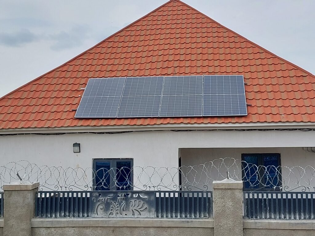 Finished solar array on the pitched tile roof of a private house
