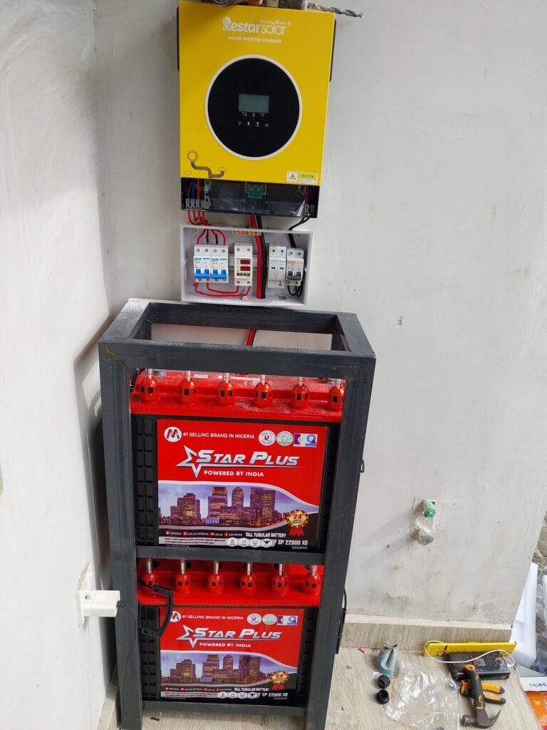Inverter mounted above a steel rack carrying a bank of batteries